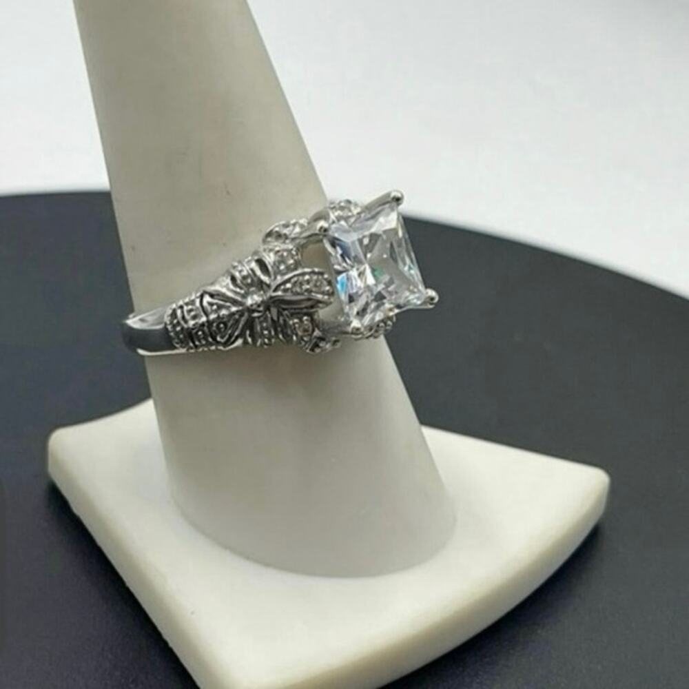 Vintage 925 Sterling Silver 8mm Square CZ Ring Ornate Floral Band Size 9
